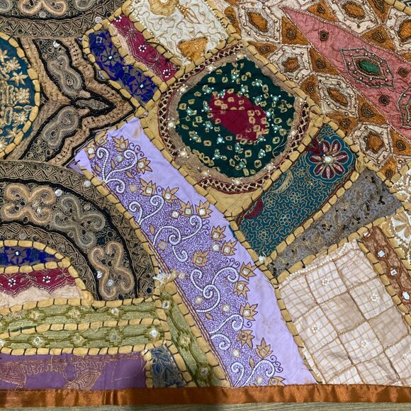 Old Handmade Indian Embroidery Tapestry Wall Hanging Crazy Quilt - Picture 4 of 8